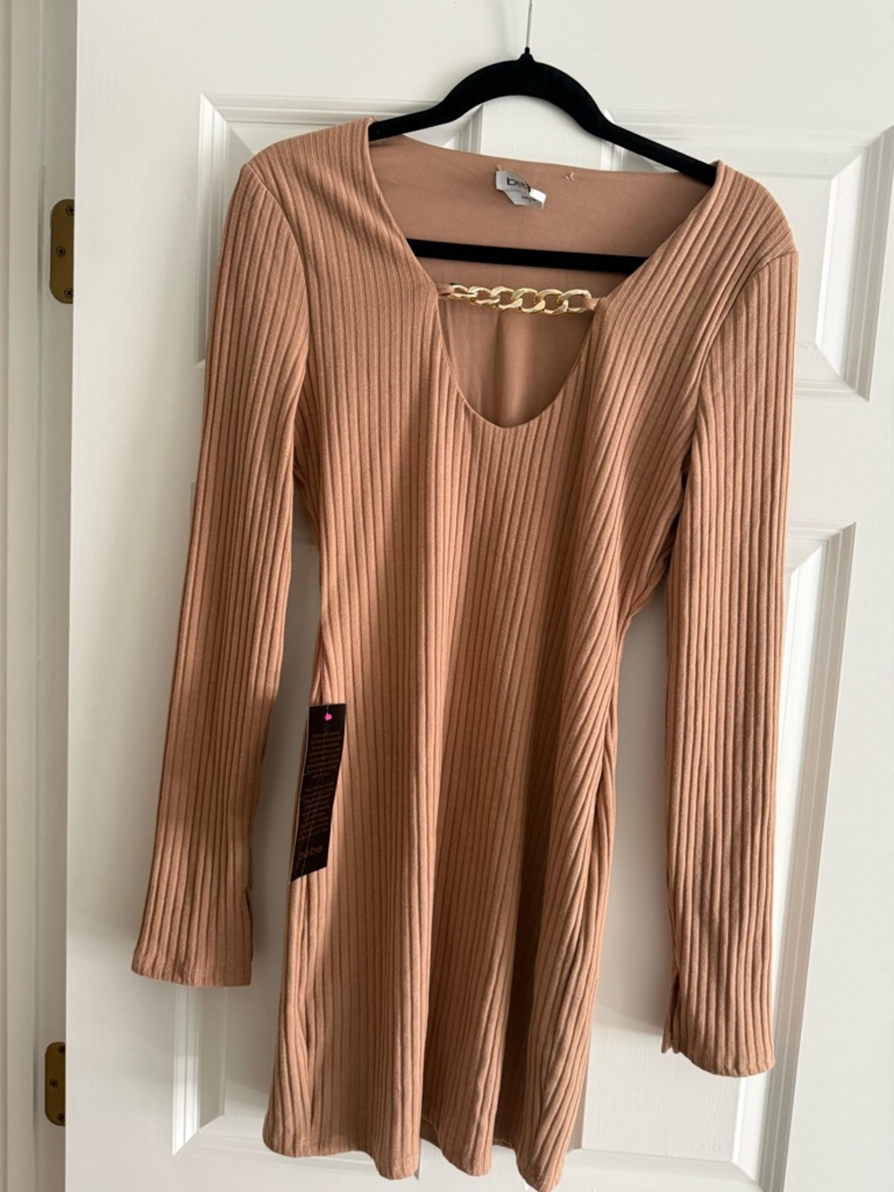 bebe Ribbed Mini Dress with Gold Chain Detail - Tan